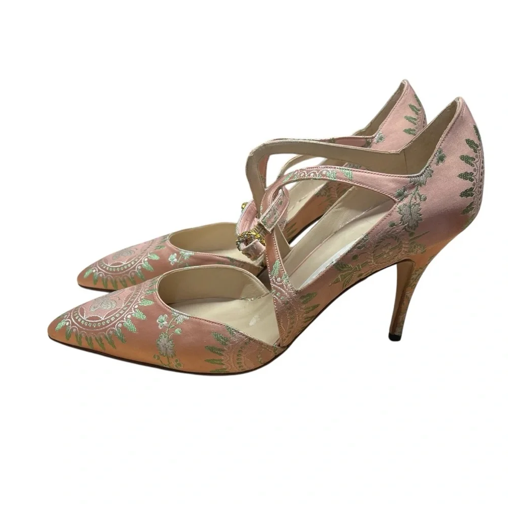 Manolo Blahnik Pink Silk Jacquard D’Orsay Heels Crystal Button Pumps